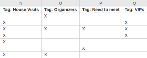 Spreadsheet columns headed Tag: House Visits, Tag: Organizers, Tag: Need to meet, and Tag: VIPs with X marks in contact rows